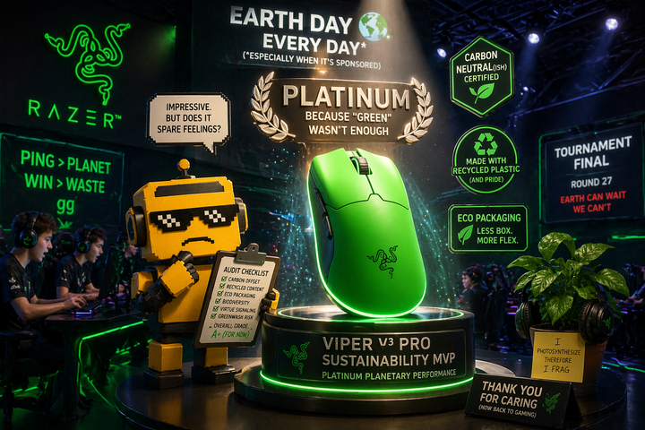 SiliconSnark’s robot inspects Razer’s green esports mouse in a flashy gaming room celebrating its recycled-content certification.