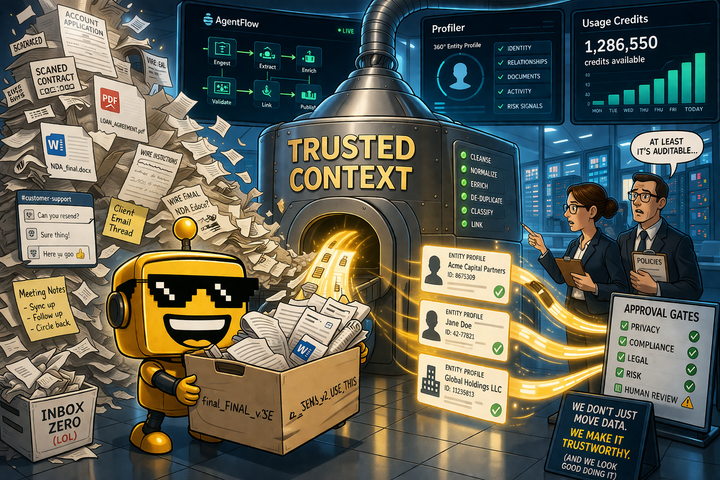 SiliconSnark robot feeds messy business documents into a machine that turns them into tidy enterprise AI data.