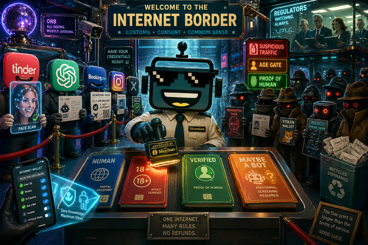 SiliconSnark robot stamps digital IDs at a surreal internet checkpoint separating humans, apps, and bots.