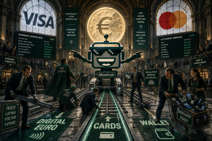 SiliconSnark robot directs digital euro payment rails inside a surreal European transit-terminal checkout hall.