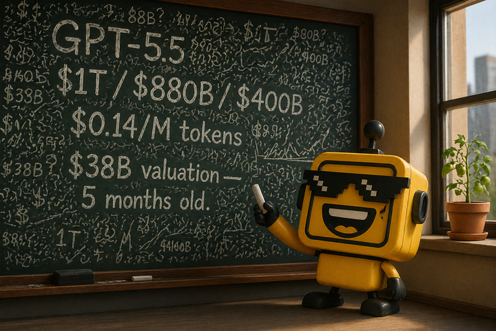 he SiliconSnark robot stares at a chalkboard covered in contradictory AI valuations and version numbers