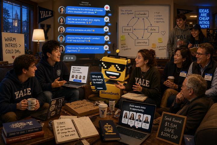  SiliconSnark robot watches Yale founders demo an iMessage social network in a chaotic seed-stage lounge.