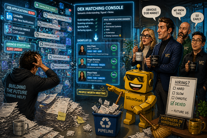 SiliconSnark’s robot watches Dex turn a chaotic pile of startup hiring noise into a tiny shortlist of AI engineers.