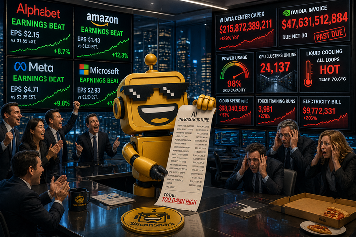 SiliconSnark robot holds a giant AI infrastructure receipt while Big Tech earnings beats glow across Wall Street trading screens.