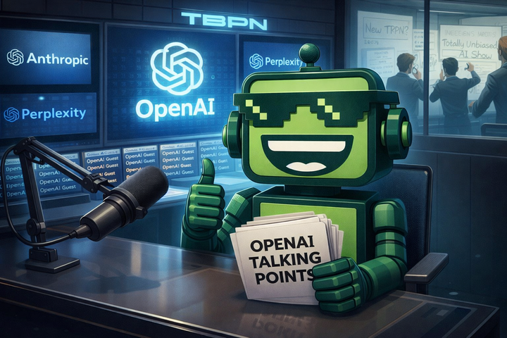 SiliconSnark robot hosts a sleek TBPN podcast while holding “OpenAI Talking Points,” as rival AI logos fade in the background and new competitors plot behind glass.