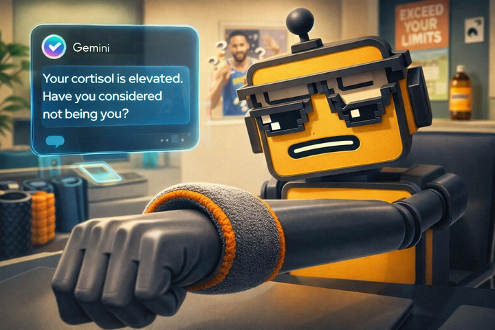 The SiliconSnark robot inspects a screenless gray fitness band on its wrist while a Gemini AI chat bubble delivers unsolicited wellness advice nearby.