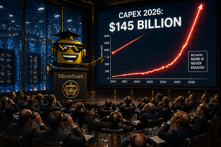 The SiliconSnark robot presents a $145 billion AI capex chart to a bewildered audience of investors in a gleaming corporate boardroom.