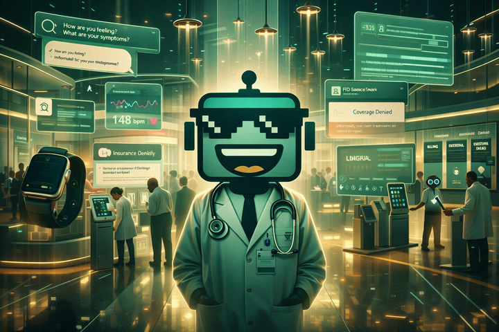 SiliconSnark robot in a futuristic hospital lobby filled with health chatbots, wearable data, and floating medical prompts.