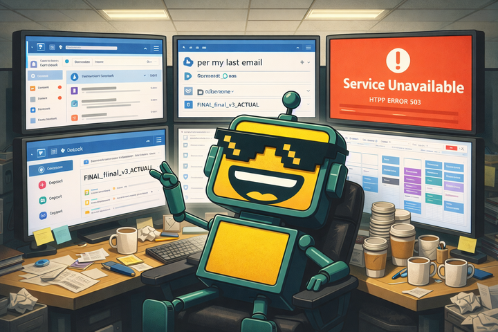 The SiliconSnark robot surrounded by Microsoft 365 app screens, leaning back in an office chair next to a monitor showing a service outage error.