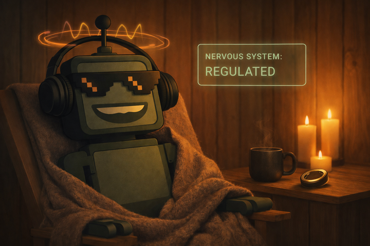 The SiliconSnark robot wearing headphones in a cozy Finnish wellness room, looking unexpectedly serene as brainwave frequencies glow around it.