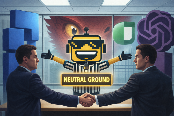 The SiliconSnark robot acts as referee between rival AI company representatives shaking hands reluctantly, as a red dragon watches through a boardroom window.