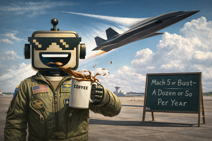 The SiliconSnark robot stands stunned on a tarmac as a hypersonic drone blasts overhead, spilling its coffee, with a sign behind it reading "A Dozen or So Per Year."