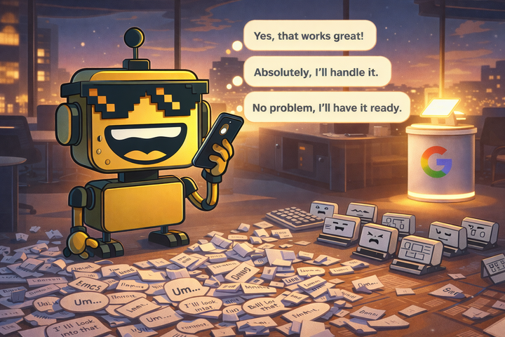 SiliconSnark's robot dictating into an iPhone while cleaned-up words float above a pile of discarded filler words.