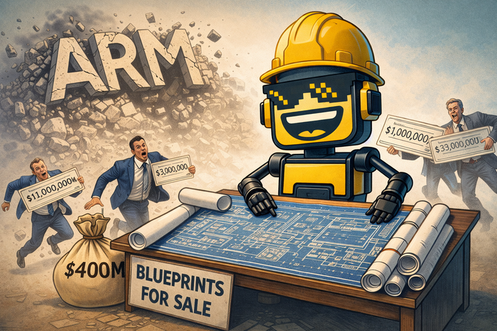 The SiliconSnark robot stands smugly at a chip blueprint drafting table as a giant ARM logo crumbles in the background and executives sprint toward it with oversized checks.