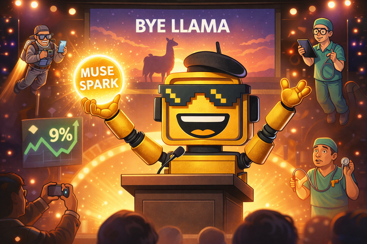 The SiliconSnark robot emcees a flashy product launch for "Muse Spark" while a llama walks into the sunset on a giant screen behind it.