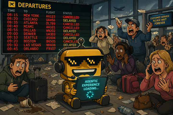 The SiliconSnark robot sits in a chaotic airport terminal wearing a customer service headset, tablet buffering as departure boards show wall-to-wall cancellations.