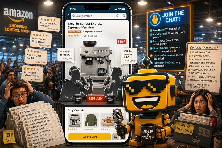 SiliconSnark’s robot reacts as an Amazon product page turns into an AI call-in shopping show.