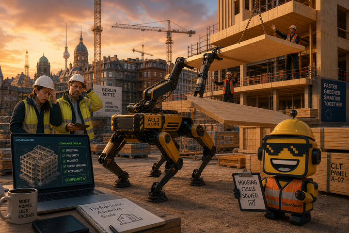  SiliconSnark’s robot watches All3’s Mantis construction robot assemble a futuristic housing project on a busy city job site.