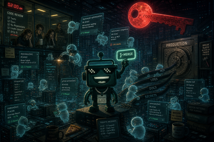 SiliconSnark robot oversees ghostly AI coding agents swarming through a futuristic software repo war room.
