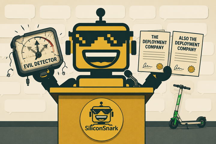 The SiliconSnark robot holds a broken evil detector and two identical AI joint venture contracts