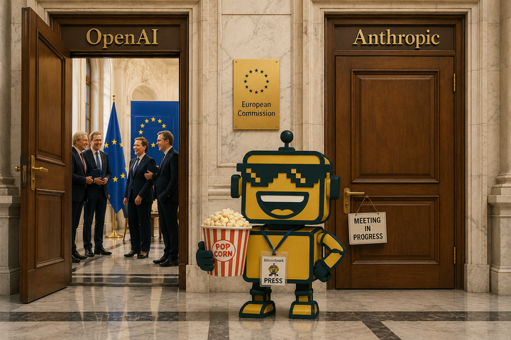 The SiliconSnark robot stands between two doors in an EU government lobby — one open to smiling officials, one firmly shut — eating popcorn.