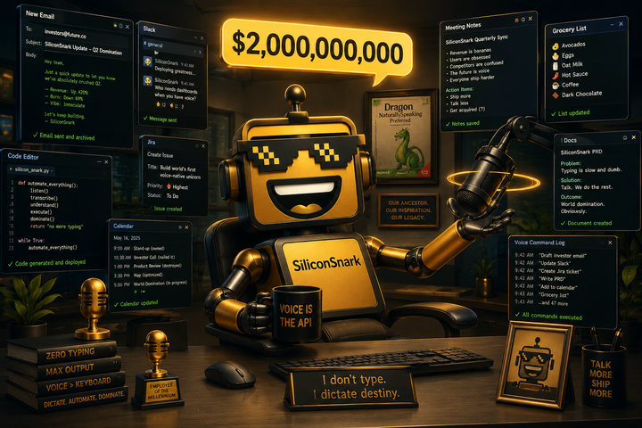 The SiliconSnark robot dictates text to a dozen screens simultaneously while a framed Dragon NaturallySpeaking box hangs in the background like a patron saint.