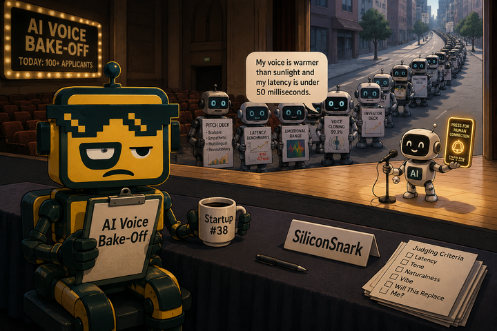 he SiliconSnark robot judges an AI voice startup audition, looking skeptical as a tiny doorbell-wielding AI performs on stage while dozens of rival robots queue up behind it.