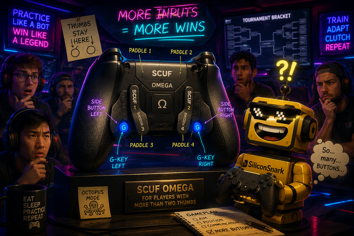 SiliconSnark’s robot reacts to SCUF’s button-heavy Omega controller in a glowing esports setup.