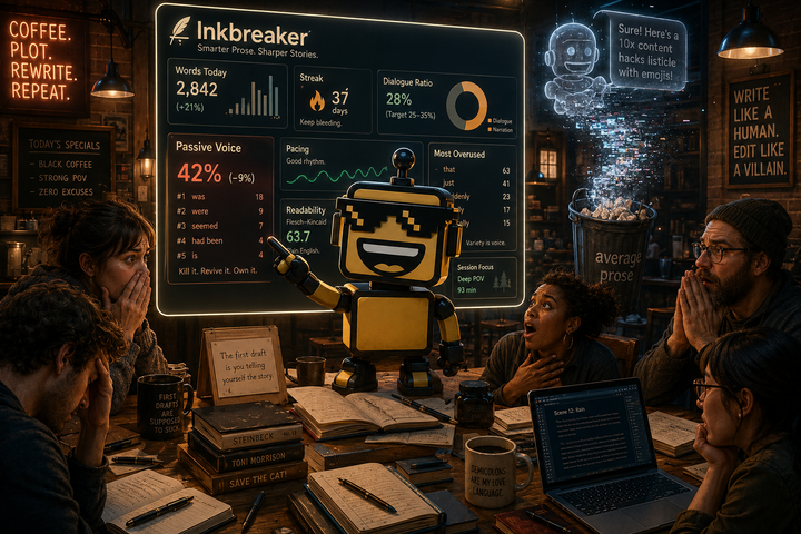 SiliconSnark’s robot grins at Inkbreaker’s writing metrics dashboard in a cafe full of serious writers.