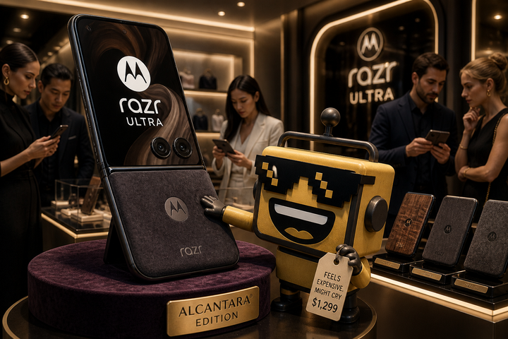 SiliconSnark’s robot reacts to a luxury-styled Motorola Razr Ultra displayed like designer decor in a glossy showroom.