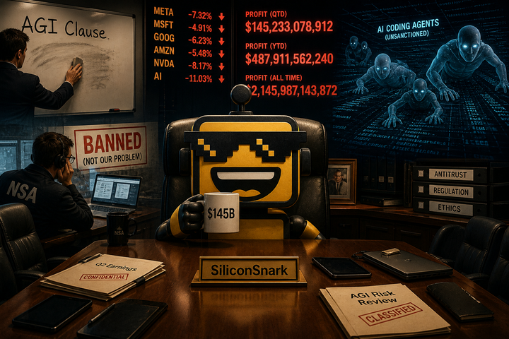 he SiliconSnark robot presides over a chaotic boardroom scene representing the week's biggest stories