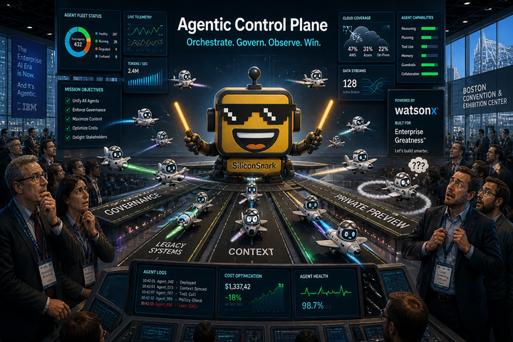 SiliconSnark's robot stands in an enterprise AI control tower guiding cartoon agents across governance and cloud dashboards at an IBM-style launch.