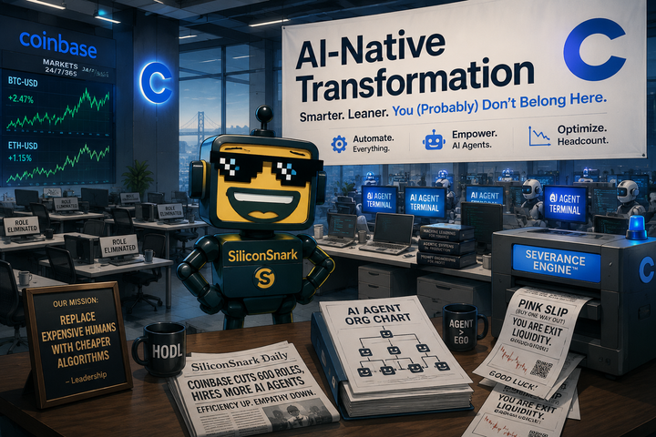 SiliconSnark robot watches a Coinbase-style office reorg where AI dashboards replace empty desks.