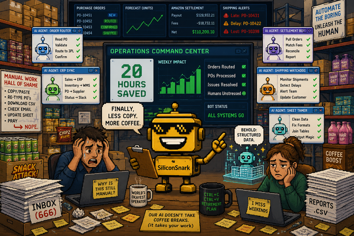 SiliconSnark’s robot stands in a CPG operations room as AI agents untangle purchase orders, forecasts, and supply chain dashboards.