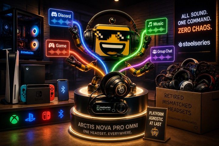SiliconSnark’s robot uses the SteelSeries Arctis Nova Pro Omni while multiple gaming devices feed into one premium audio setup.