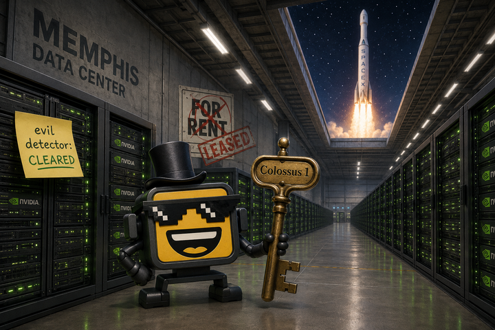 The SiliconSnark robot stands in a massive GPU-filled data center wearing a landlord hat and holding a “Colossus 1” key
