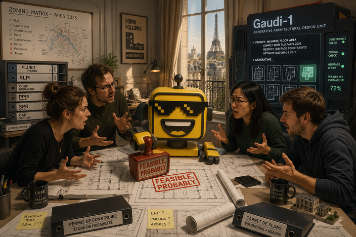 SiliconSnark robot stamps building plans in a war room.