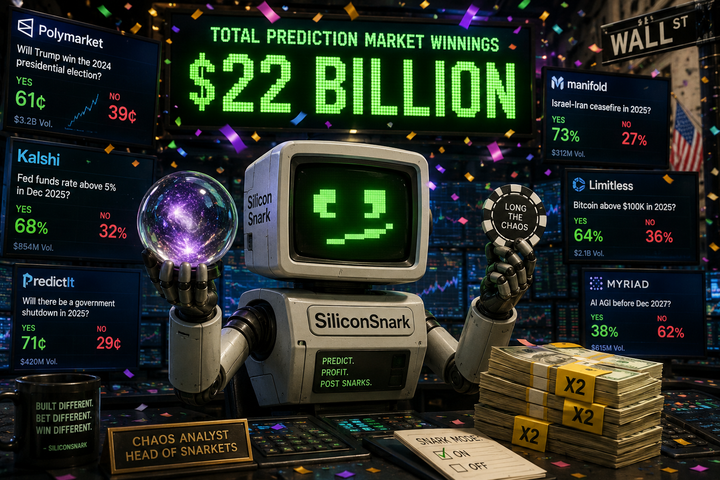 The SiliconSnark robot at a Wall Street prediction market terminal surrounded by doubling valuations and a $22 billion scoreboard, holding a crystal ball and casino chip.
