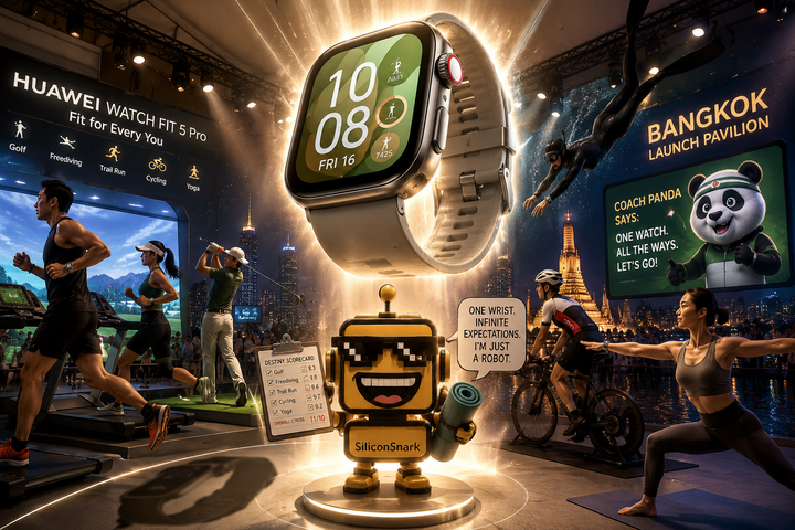 SiliconSnark’s robot reacts to Huawei’s feature-packed Watch Fit 5 Pro at a glossy launch scene crowded with sporty hobbies.