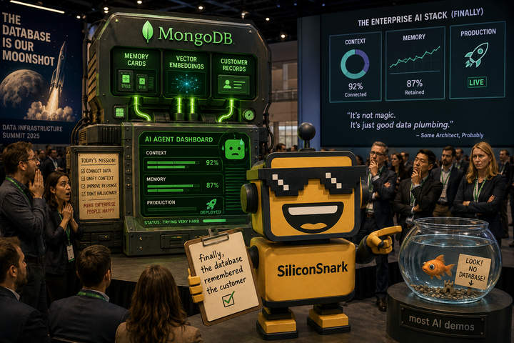SiliconSnark's robot watches MongoDB turn agent memory and search infrastructure into a flashy enterprise stage demo.