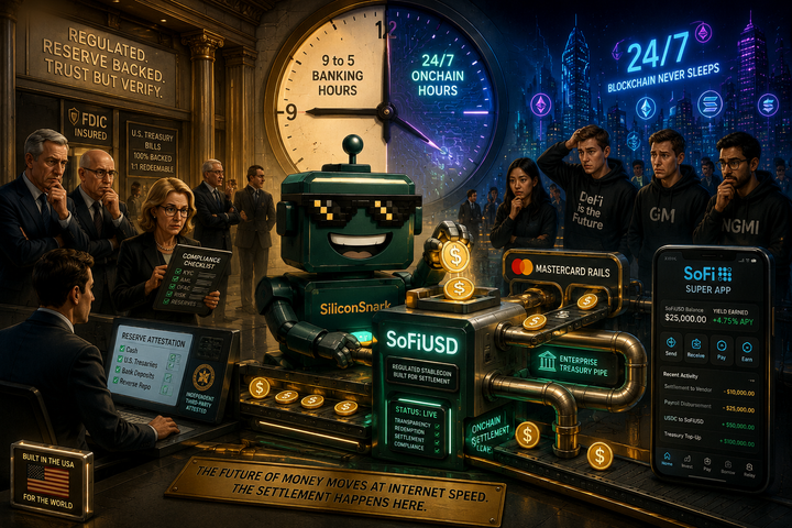SiliconSnark robot minting a bank-issued stablecoin into payment and treasury rails.