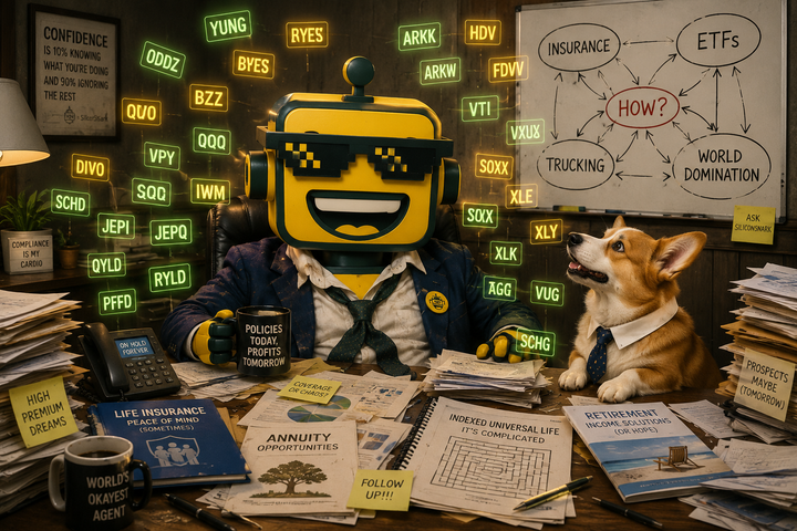 The SiliconSnark robot sits at a chaotic insurance desk surrounded by floating ETF tickers and a Corgi dog in a necktie