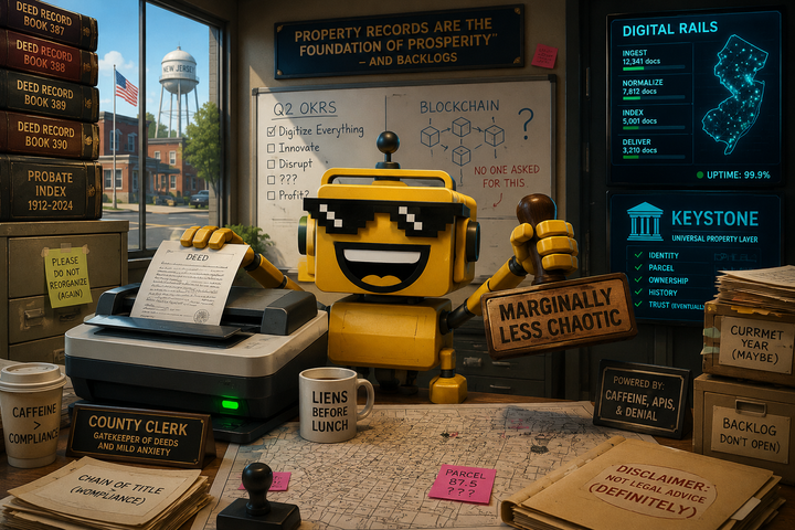 SiliconSnark robot scans county property deeds in a startup-styled clerk office.