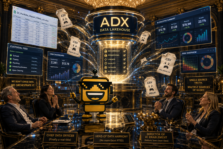 SiliconSnark’s robot watches Addepar’s ADX pull chaotic investment data into a polished wealth-management control room.