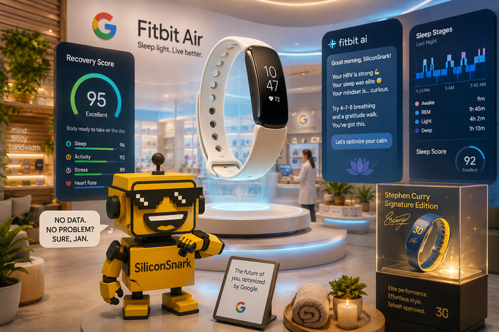SiliconSnark’s robot reacts to Google’s Fitbit Air floating in a sleek wellness showroom filled with AI health dashboards.