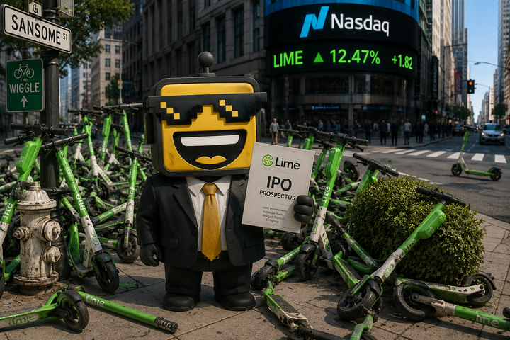 The SiliconSnark robot stands amid a chaotic pile of Lime scooters on a city sidewalk, holding an IPO prospectus