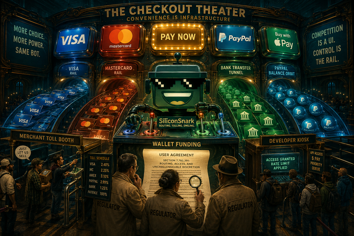 SiliconSnark robot reroutes cards and bank transfers through a surreal digital wallet control room.