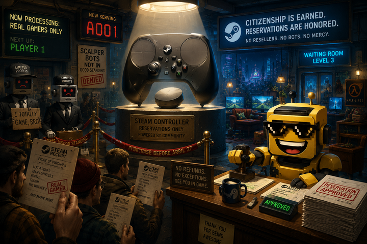 SiliconSnark's robot approves Steam Controller reservations in a futuristic gaming passport office while scalper bots wait behind ropes.