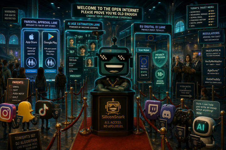 SiliconSnark robot manages surreal age-verification lanes for apps, AI face scans, and digital ID checks.