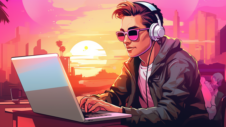 A stylish young man with slicked-back hair and pink sunglasses is working on a laptop outdoors at sunset. 